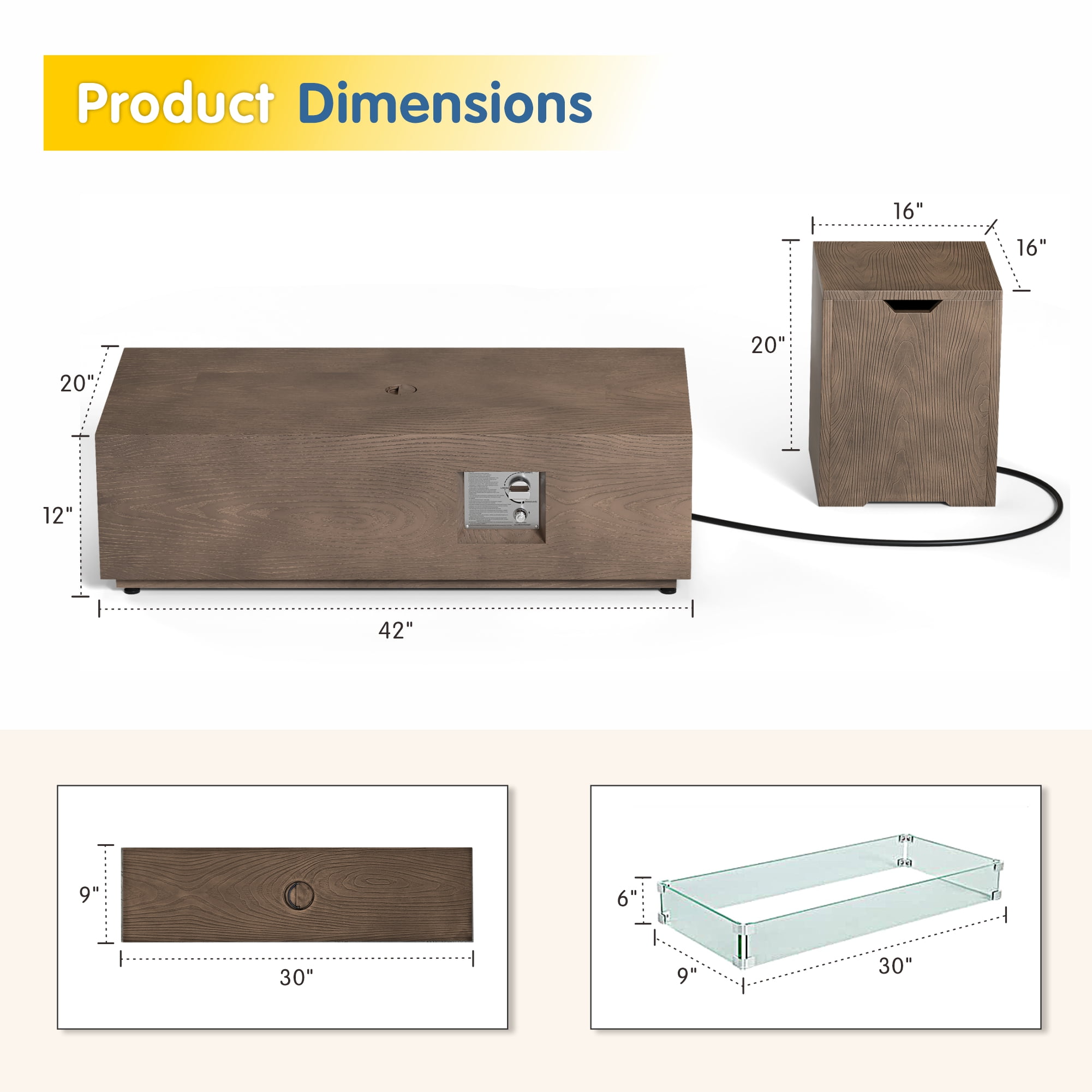 42 in. Retangular Coating Steel Propane Firepit Table, 50,000 BTU Outdoor Fire Pit Table in Dark brown Wood Grain