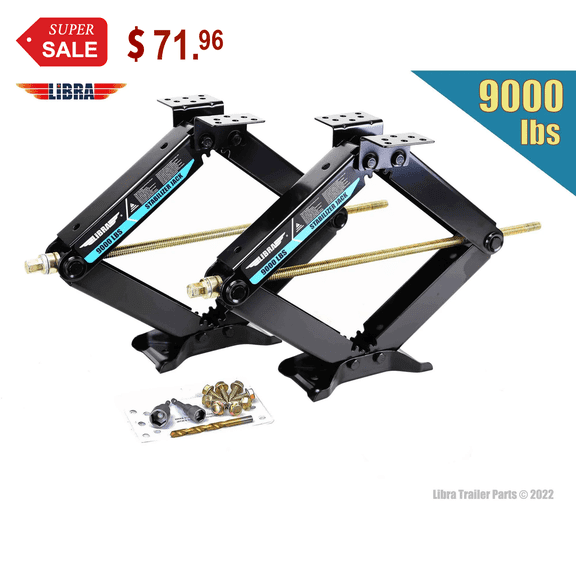Set 2 Libra 9000 lb Heavy Duty 24" RV Trailer Stabilizer Leveling Scissor Jacks W/Dual Power Drill Sockets & Complete Installation Kit