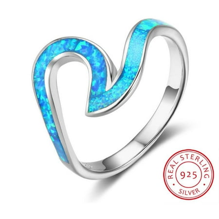 Ocean Style 925 Sterling Silver Wave Shape Blue Opal Stone Finger Rings Women Party Jewelry Best Friend Gift (JewelOra