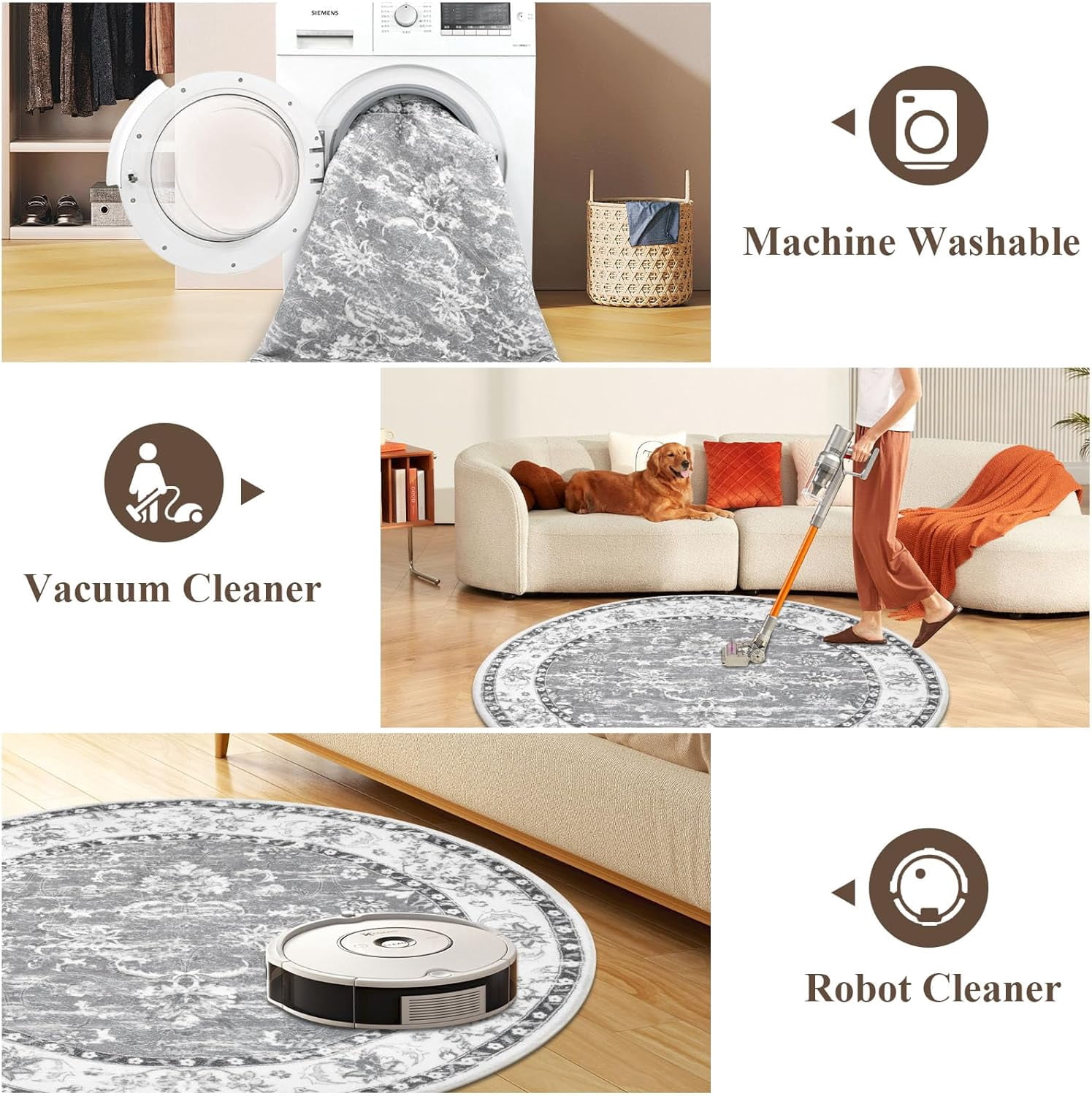 MJIAexp 4ft Mandala Boho Round Rug Circle Rug Non-Slip Machine Washable Area Rug Soft Bedroom Rug Throw Rug Vintage Carpet for Living Room Kitchen Dorm Coffee Table Distressed Gray