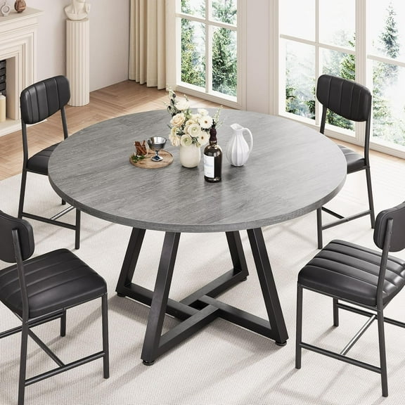 Vipuse Round Kitchen Dining Room Table Circle Dining Dinner Table with Pedestal Metal Frame, Space Saving Wood Industrial Furniture for Small Space (Grey, 47IN)
