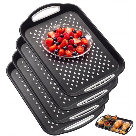 Flarhetoric 4-Piece Non-Slip Serving Tray Set – Modern Rectangular Plastic Food Trays for Kitchen, Dining & Entertaining – 15.7"L x 11.2"W x 2.1"H, Black