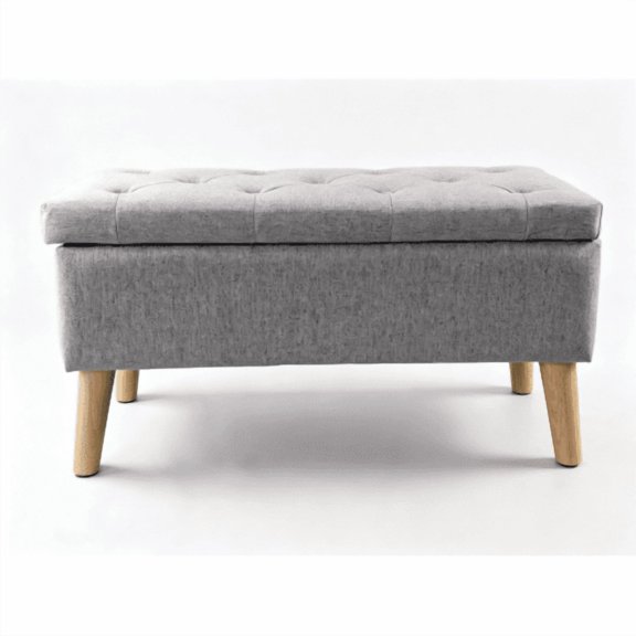 Dtwnek Linen Upholstered Storage Bench with Wood Frame, 32" Wide Storage Ottoman for Living Room, Bedroom, Gray