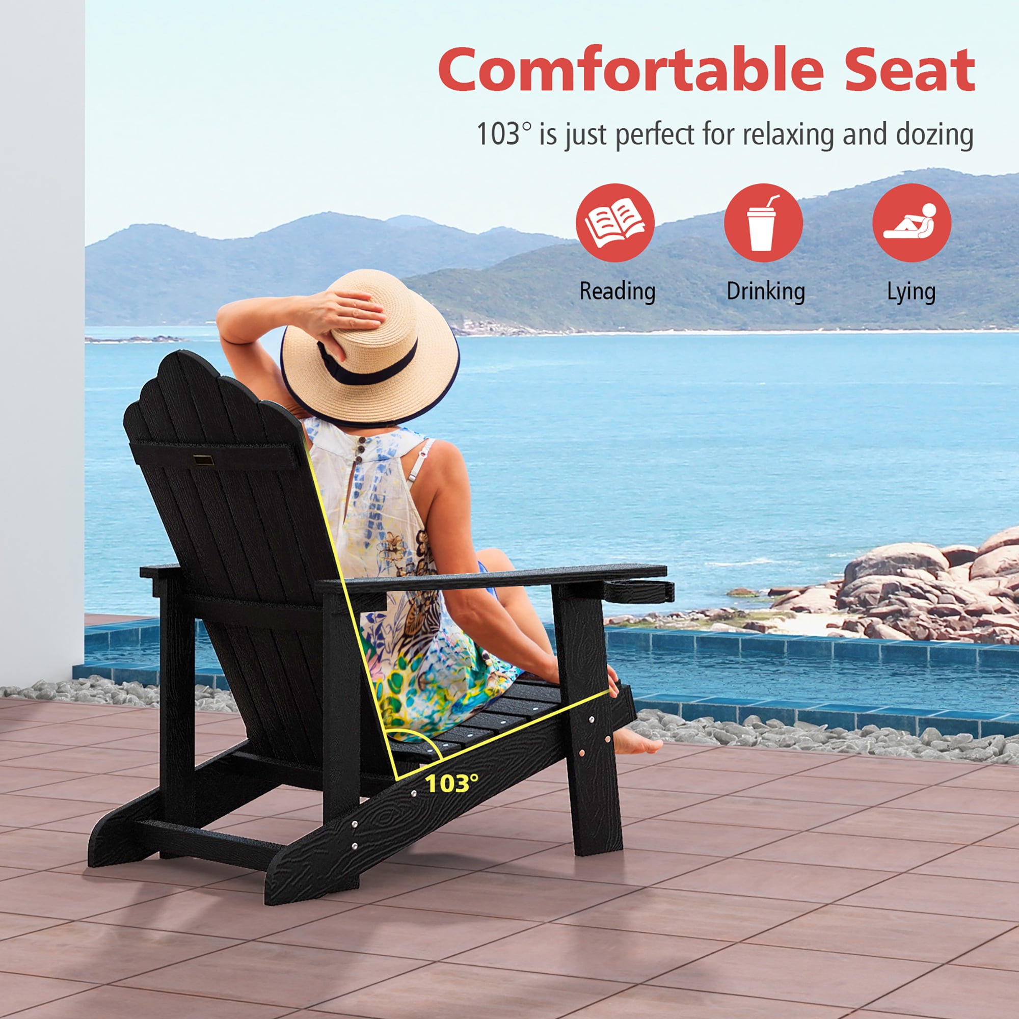 Gymax Patio HIPS Outdoor Weather Resistant Slatted Chair Adirondack Chair w/ Cup Holder Black