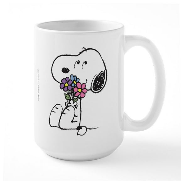 CafePress - Snoopy With A Flower Bouquet - 15 oz Ceramic Large White Novelty Mug