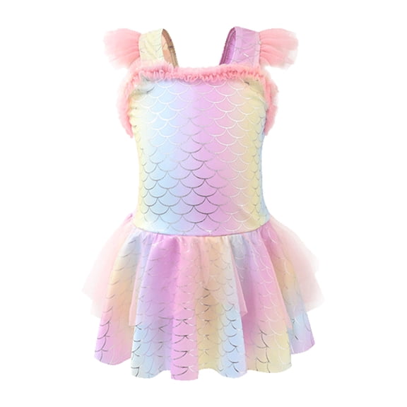 WOYY Girls One-Piece Swimsuit Scale Print Mesh Swim Dress with UPF50 , Sizes 3-12