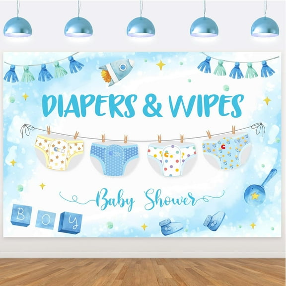 Diapers & Wipes Theme Backdrop Baby Shower Party Decorations Blue and White Diaper Rocket Photograph Background Banner Photo Booth Props for Boys Diaper Theme Baby Shower Party Decor Supplies 5x3ft