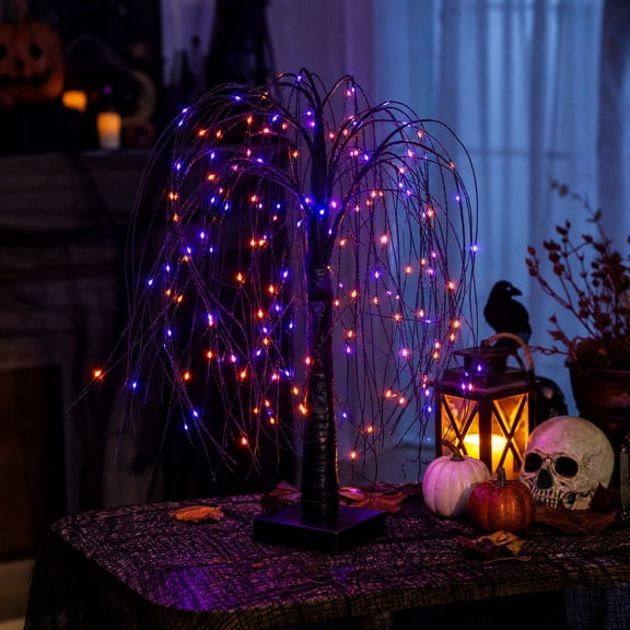 2026 Halloween Decor Lighted Weeping Willow Tree, Pre-Lit Purple Orange LED Weeping Willow Tree, Freestanding Tabletop Halloween Decor for Home & Party 1pcs