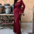 thumbnail image 4 of Maxi Dresses for Women Elegant Classy Fall Long Bell Sleeve Ruched Bodycon Fitted Cocktail Party Slit Dress Deep Red L, 4 of 7