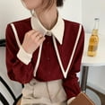 thumbnail image 1 of Blusa de manga larga con botones, camisa ligera de fibra de poliéster con bloques de color para mujer para oficina, rojo, M, 45-50kg, 1 of 8