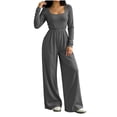 thumbnail image 5 of Lenpel Womens Casual Jumpsuits Square Neck Long Sleeve Back Zipper Rompers Solid Color Wide Leg Fashion Fall Clothes(Gray,Large), 5 of 7