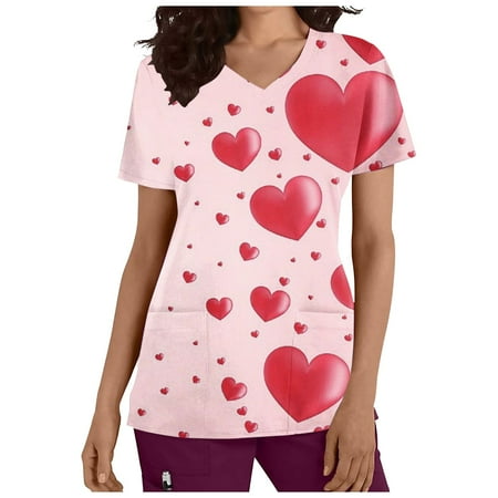 

Valentines Scrub Tops Women Heart Printed Medical Scrub Shirts Cute V-Neck Short Sleeve Nurse Uniforms with Pockets