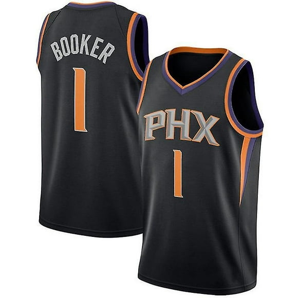Nba Jersey Phoenix Suns No. 1 Devin Booker Brodé Respirant Résistant à la Transpiration Basket-Ball Uniforme Noir Jaune