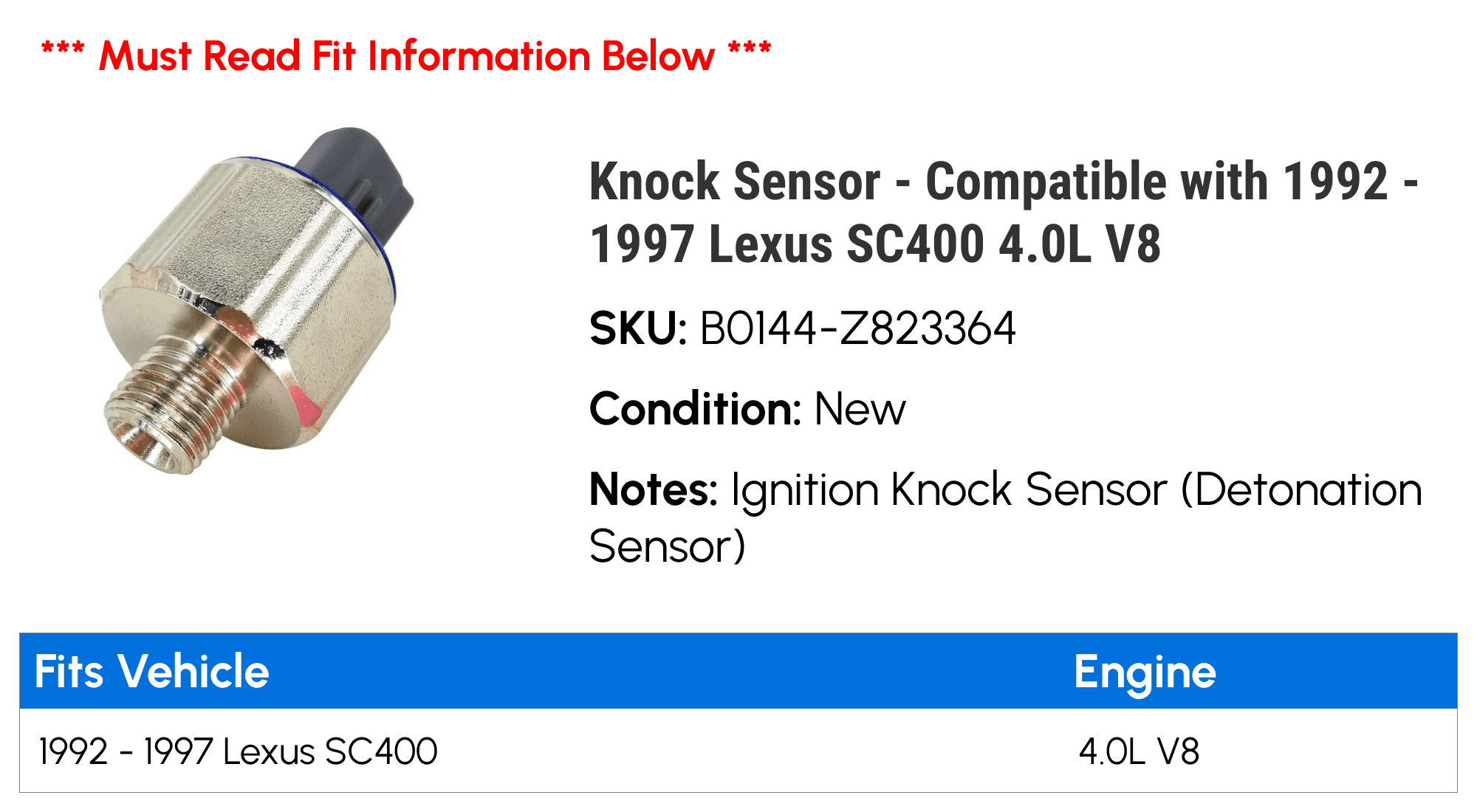 Knock Sensor - Compatible with 1992 - 1997 SC400 4.0L V8 1993 1994 1995 1996