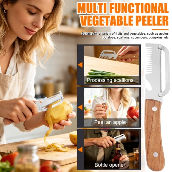 Vegetable Shredder, Wooden Handle Vegetable and Fruit Peeler, Kitchen Multi-Function Stainless Steel Fruit Peeler Model, Cartorya Peeler, 7X1.5 Inch 3-In-1 Halloween Kitchen Tool