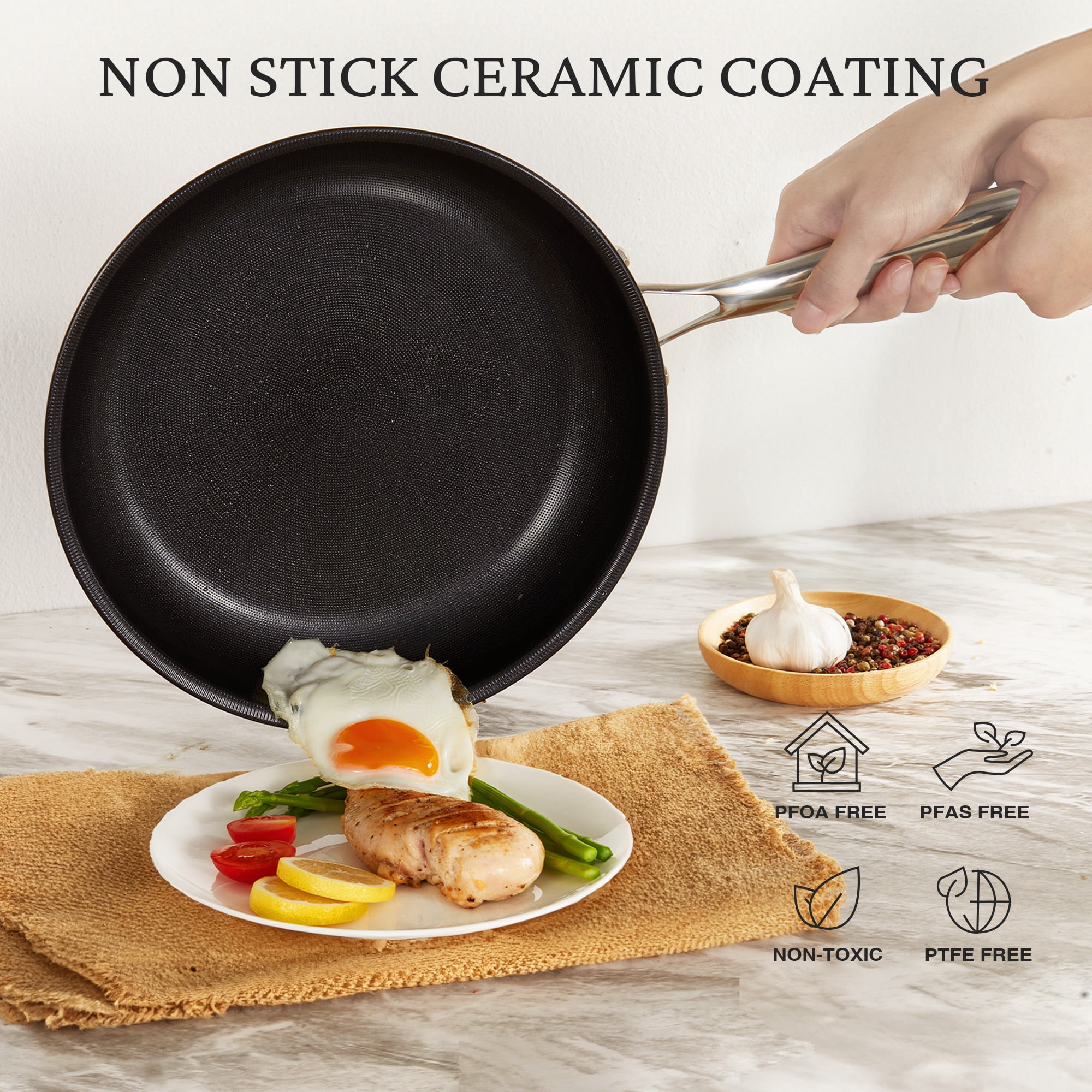 KITEXPERT Nonstick Frying Pans Set, 6 Pcs (8, 10, 12") Skillet with Lid, Non-Toxic Titanium Ceramic Pan, Dishwasher & Oven Safe, All Cooktops Compatible