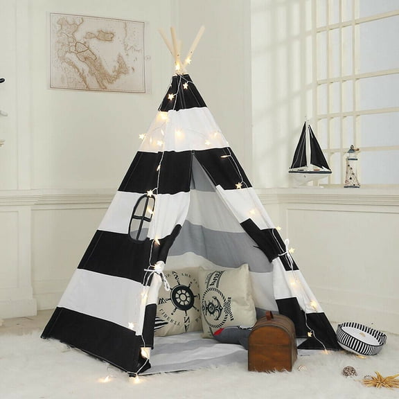 Striped Kids Teepee Tent, Portable Canvas Tent, with Floor Mat for Camping, Playing, Picnic, Black-White Stripe