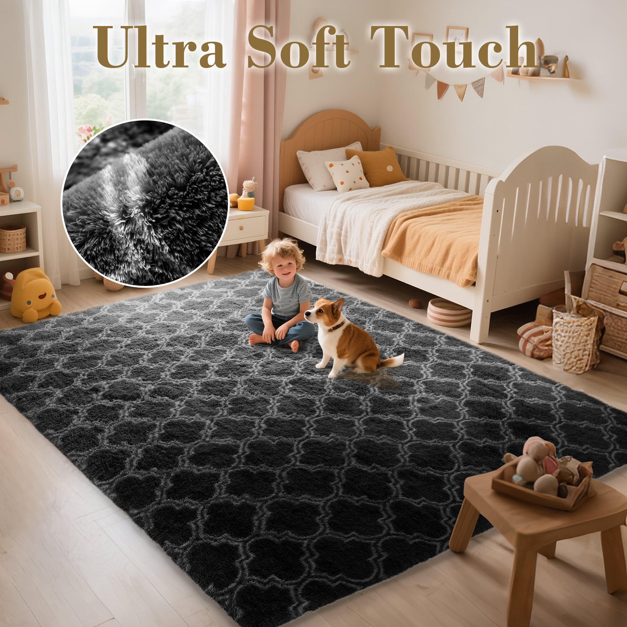 CozyDesg 8'x10' Area Rugs for Living Room，Black Rugs Shag Fluffy Shaggy Bedside Carpet, Large rug for Living Room Bedroom Dining Room Office Home Decor,Black & White