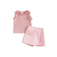 thumbnail image 2 of Aojekbee Toddler Girl Summer Outfit Solid Color Frills Round Neck Sleeveless Tank Tops and Houndstooth Shorts 2Pcs Clothes Set, 2 of 10