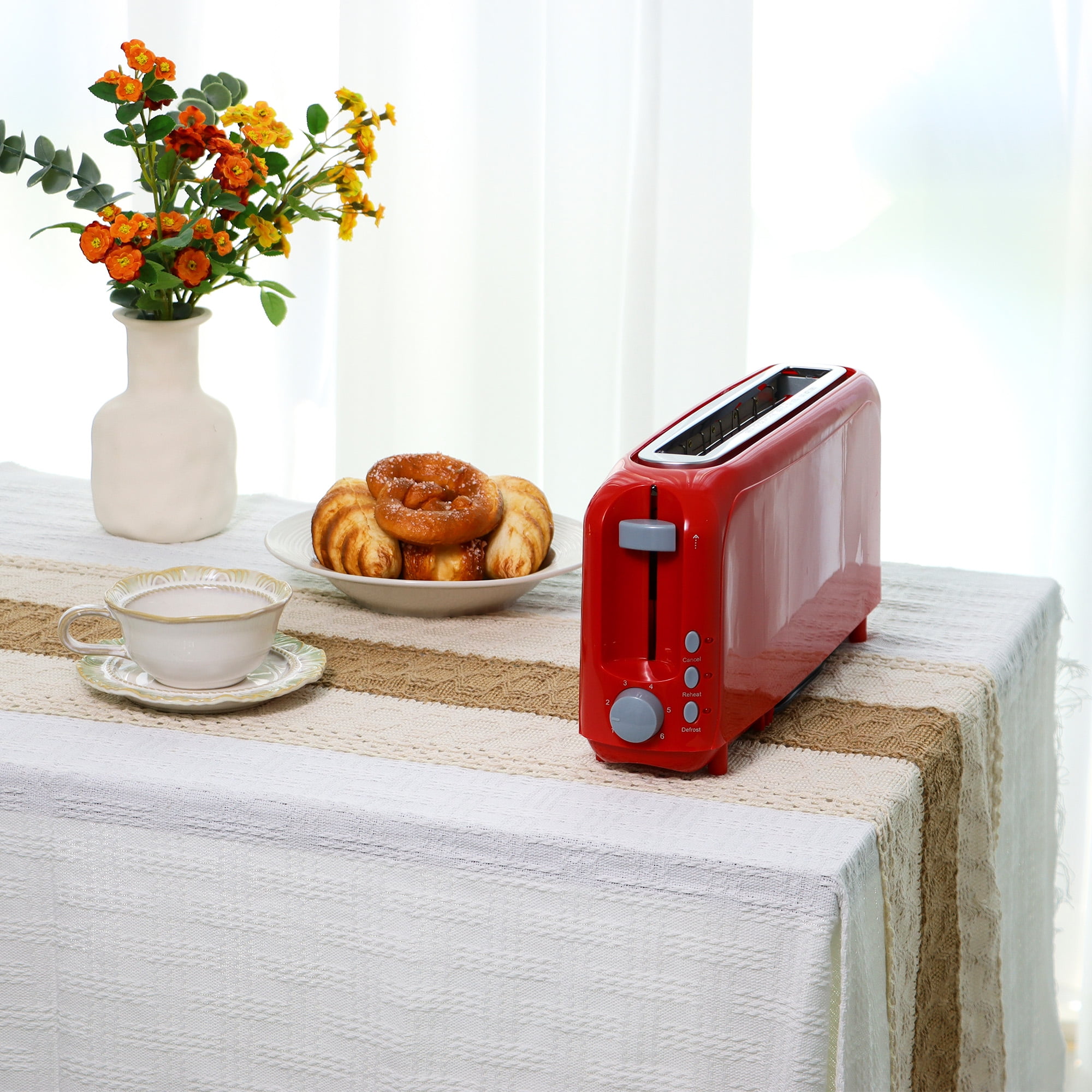 Red 2-Slice Slim Toaster - 10" Long Slot for Bagels & Artisan Bread, 6 Shade Settings, Cancel/Reheat/Defrost, Removable Crumb Tray, Auto Shut-Off