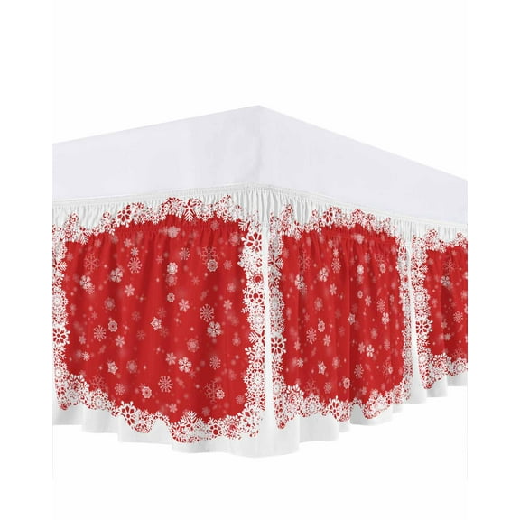 Christmas Dreamlike Bed Skirt Queen Size 18 Inch Drop, Winter Snowflake Red Background Wrap Around Dust Ruffle Bedskirts, Wrinkle & Fade Resistant Easy Fit Bedskirt with Adjustable Elastic