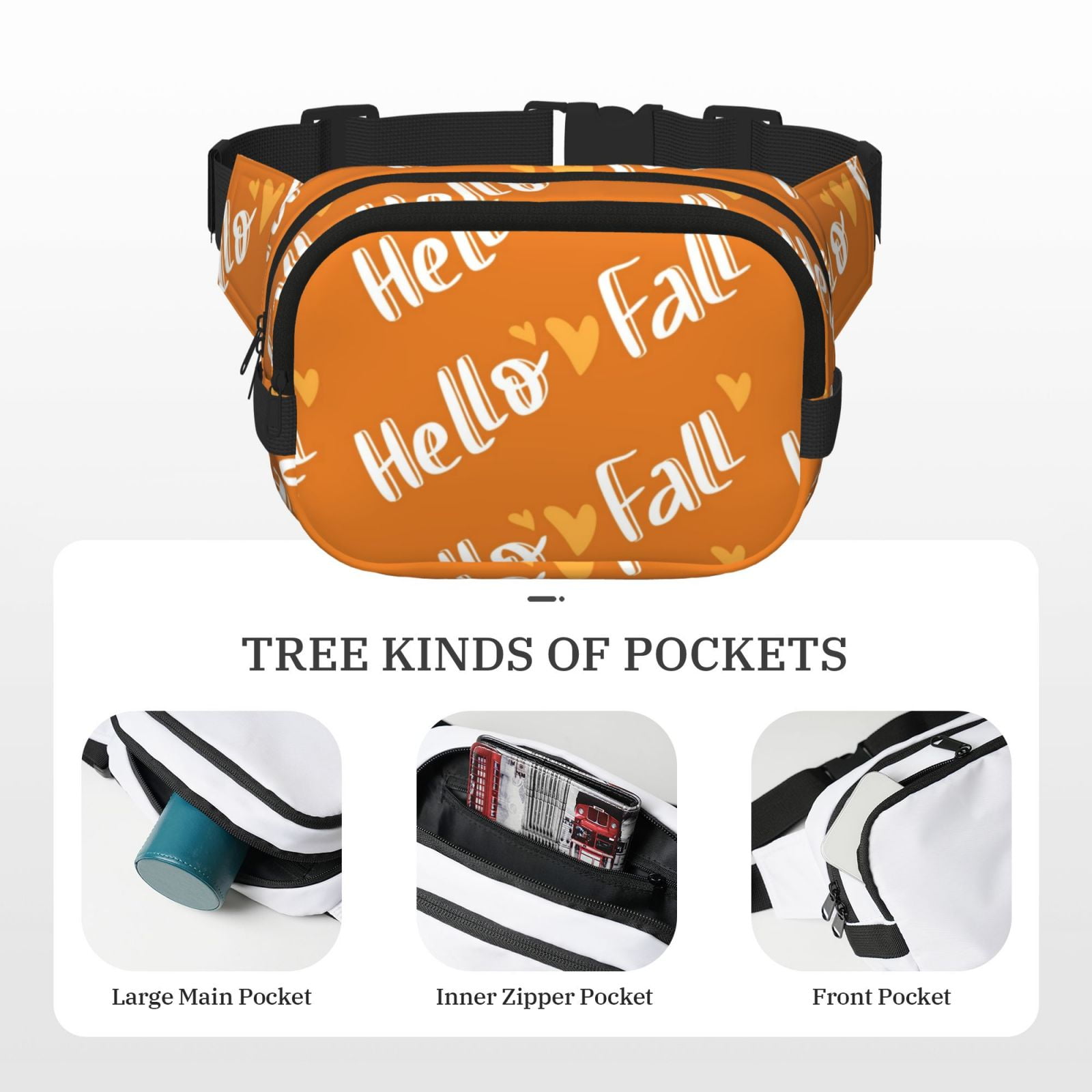 Picia Hello Fall Print Square Double-Layer Waist Bag Mini Adjustable Waist Belt Bag Exercise Running Travel Hiking