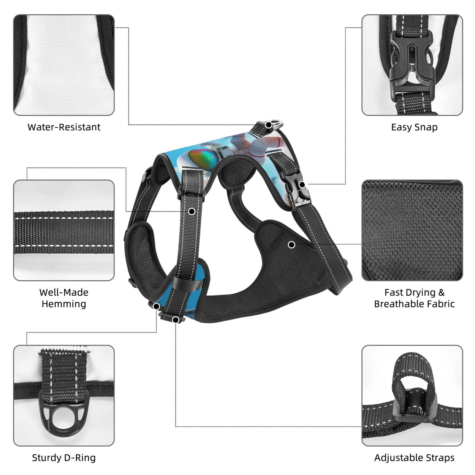 Fuzoiu Astronaut Tropical Dolphin Print Reflective Dog Harness,Adjustable, Breathable Pet Vest,Dog Harness No Pull,No Choke Pet Vest for Small, Medium, and Large Dogs-Large