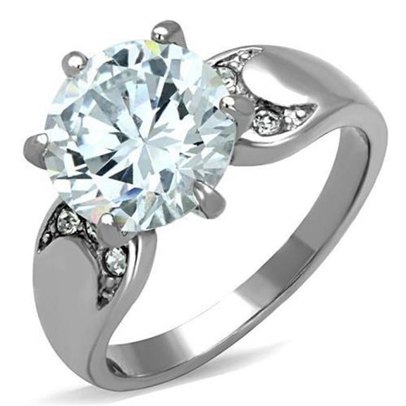 Women High Polished Stainless Steel Ring with AAA Grade CZ in Clear - Size 10