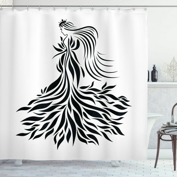 Earthy Shower Curtain, Abstract Figure of a Princess in a Floral Dress Feminine Beauty Glamor Theme, Fabric Bathroom Set with Hooks, 69W X 70L Inches, Black and White, by Ambesonne