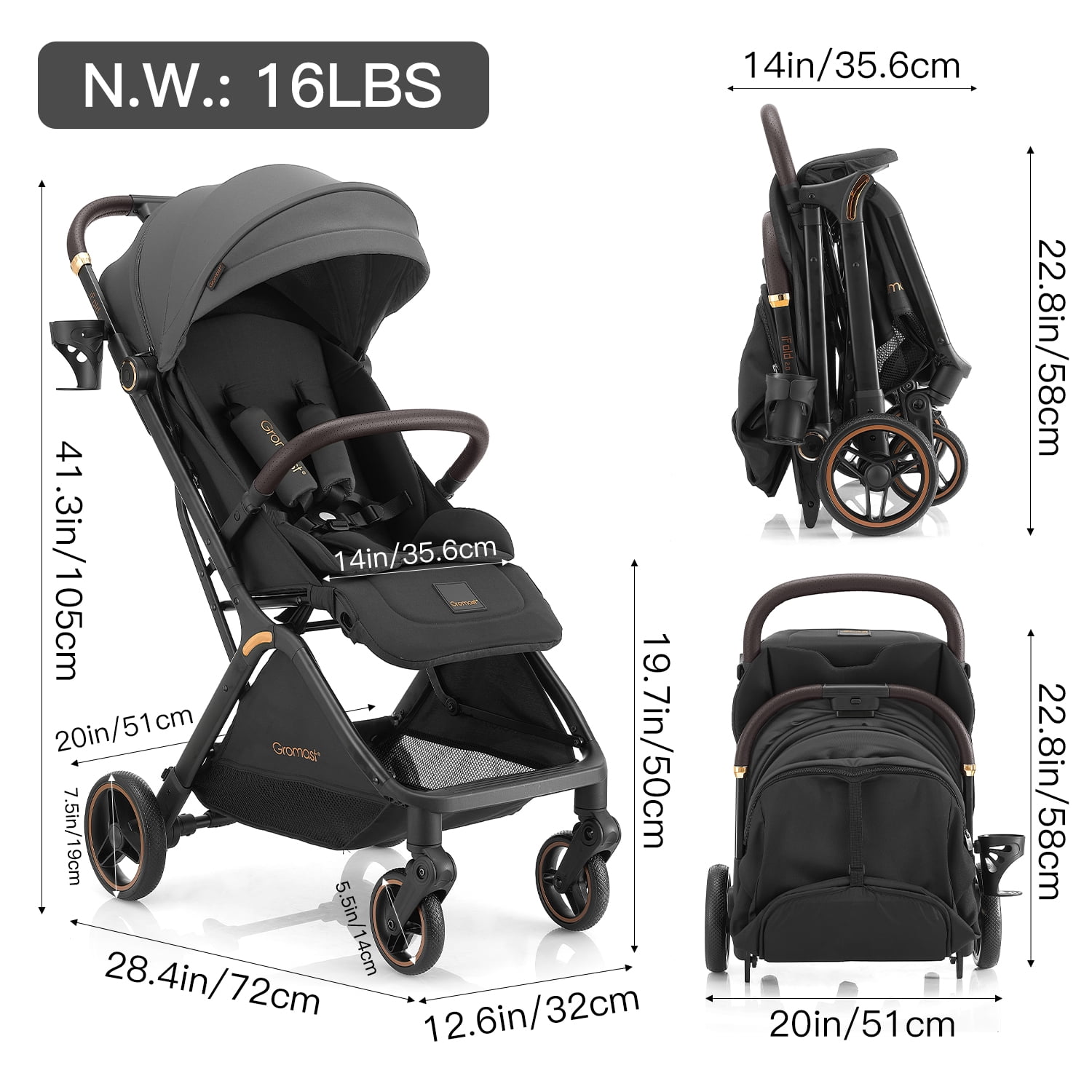 Gravity Folding Baby Stroller - Portable Toddler Stroller w/Adjustable Backrest & Canopy, Lightweight and UV Protected Travel Stroller, One-Hand Automatic Folding - Dark Gray