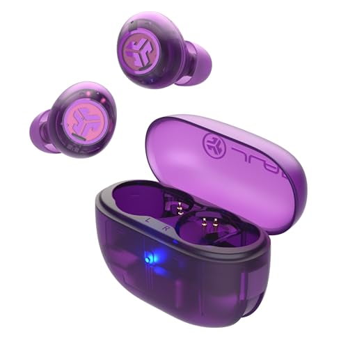 JLab Go Pop ANC True Wireless Auriculares y estuche de carga, morado transparente, cancelación activa de ruido, controladores de 10 mm, conexión dual, personaliza tu sonido con la aplicación, modo Be