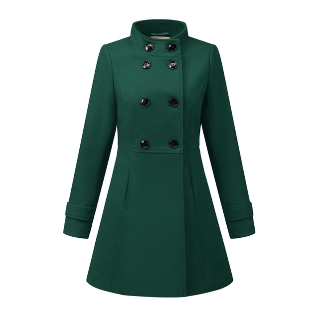 Abrigo de invierno con bolsillos inclinados con doble botonadura y cuello alto para mujer Verde oscuro XS