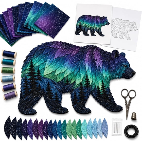 Northern Lights Bear Patchwork DIY Kit, Pre-Cut Layered Fabric Pieces for Easy Quilting, Beginner Sewing Craft Kit for Adults, Handmade Wall Art Decor