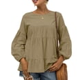 thumbnail image 1 of Top de manga larga para mujer Otoño Cuello redondo Mangas acampanadas Manga larga Suelta Casual Color puro Top ArmyGreen M, 1 of 6