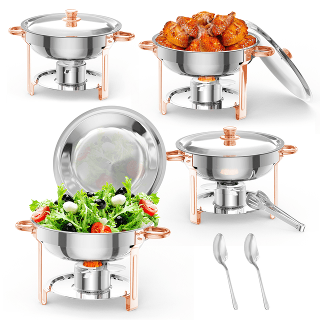 Garvee Ensemble de 4 Buffets à Réchaud de 5 Qt, Ensembles de Serveurs Alimentaires Ronds en Acier Inoxydable avec Réchauds et Réchauds