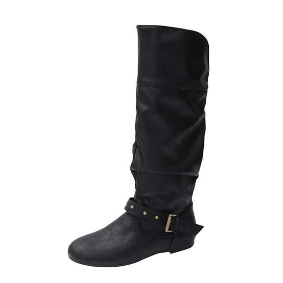 Ahabrexf Women's Faux Leather Slouchy Mid-Calf Boots, Vintage Flat Pull on Round Toe Winter Casual Shoes with Buckle Strap