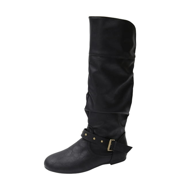 Black Ladies Flat Heel Mid Calf Boots With Solid Color For Versatile Winter Wardrobe And Daily Activities