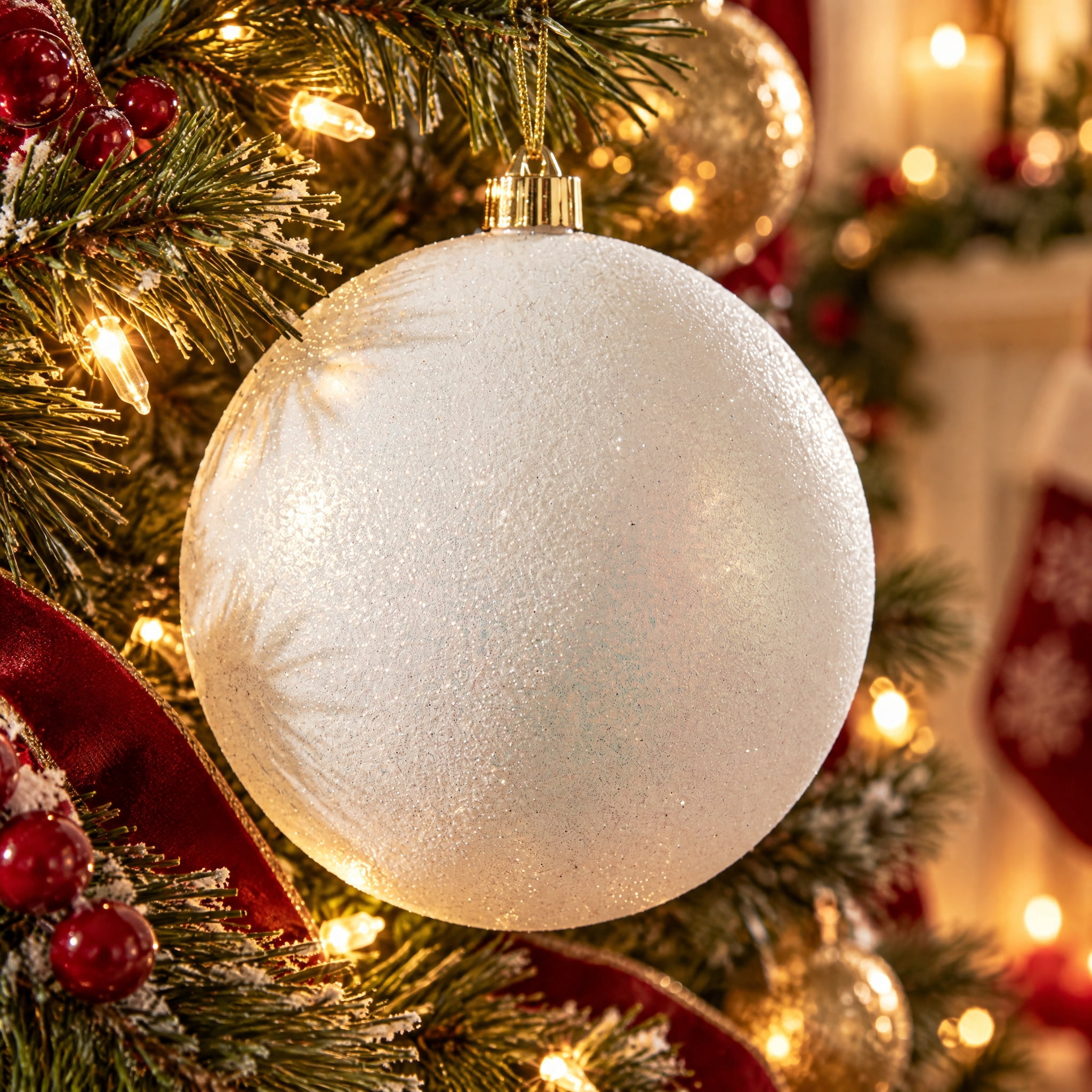 Off White Jumbo Glitter Ball Shatterproof Christmas Ornament, 8", by Holiday Time