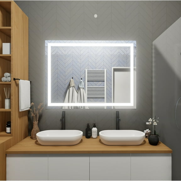 LED Front-Lighted Bathroom Vanity Mirror: 60" Wide x 40" Tall - Commercial-Grade - Rectangular - Wall-Mounted