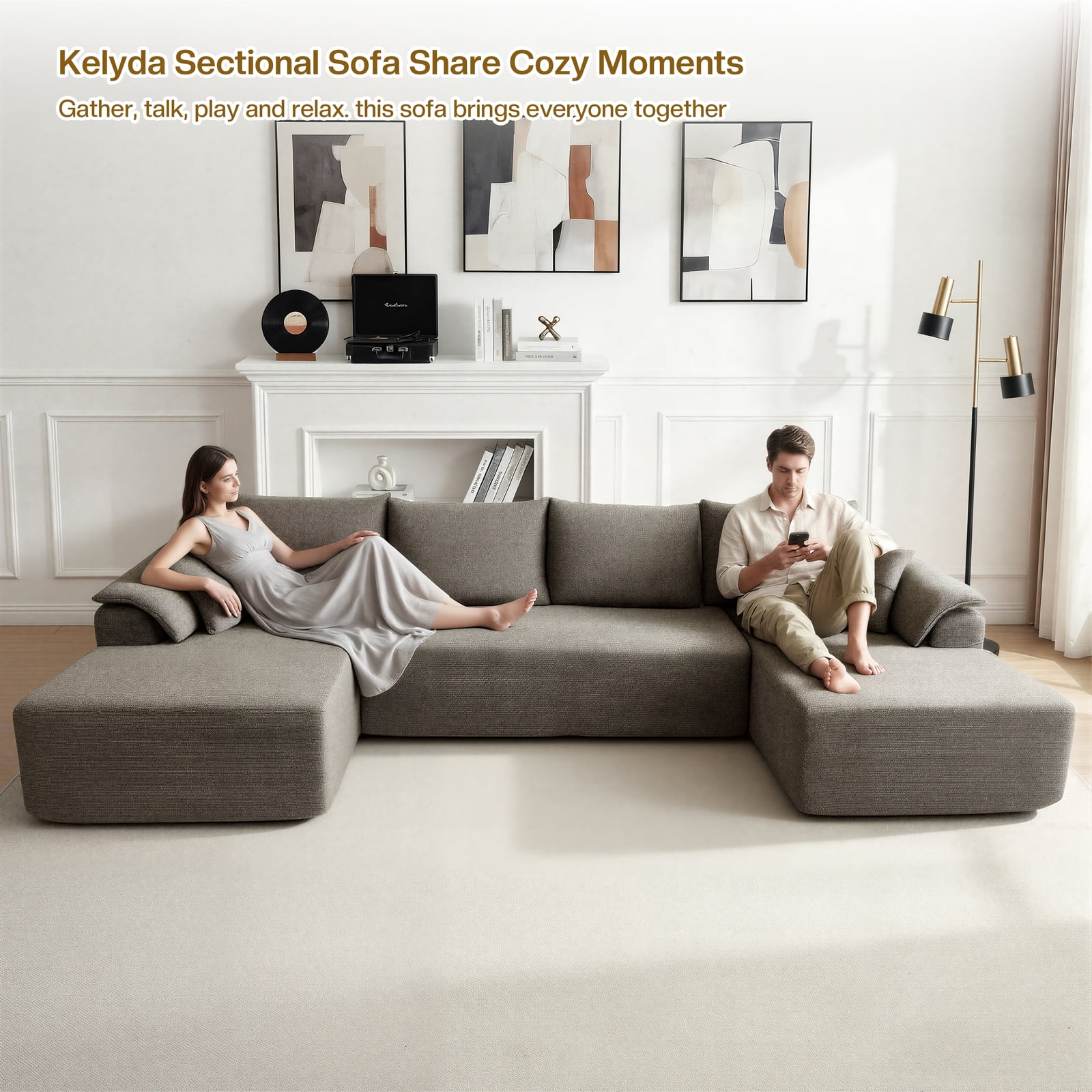 Kelyda 130'' Boneless Sectional Couch, Modern Chenille U Shaped Modular Cloud for Living Room Camel