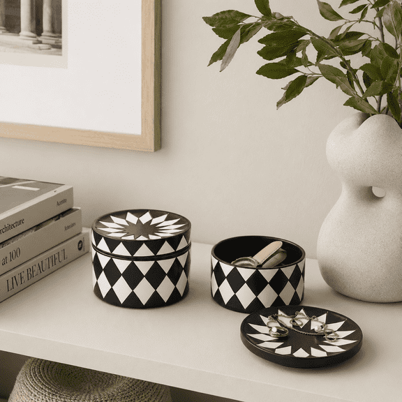 Round Jewelry Storage Box with Lid, Black White Decorative Trinket Box, Small Organizer for Rings Earrings Bracelets Watch and Keepsakes, Vanity Dresser Décor