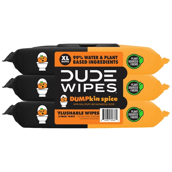 DUDE Wipes Limited Edition DUMPkin Spice, Extra Large Fall Scented Flushable Wet Wipes, 48 Count, 3 Pack (144 Total)
