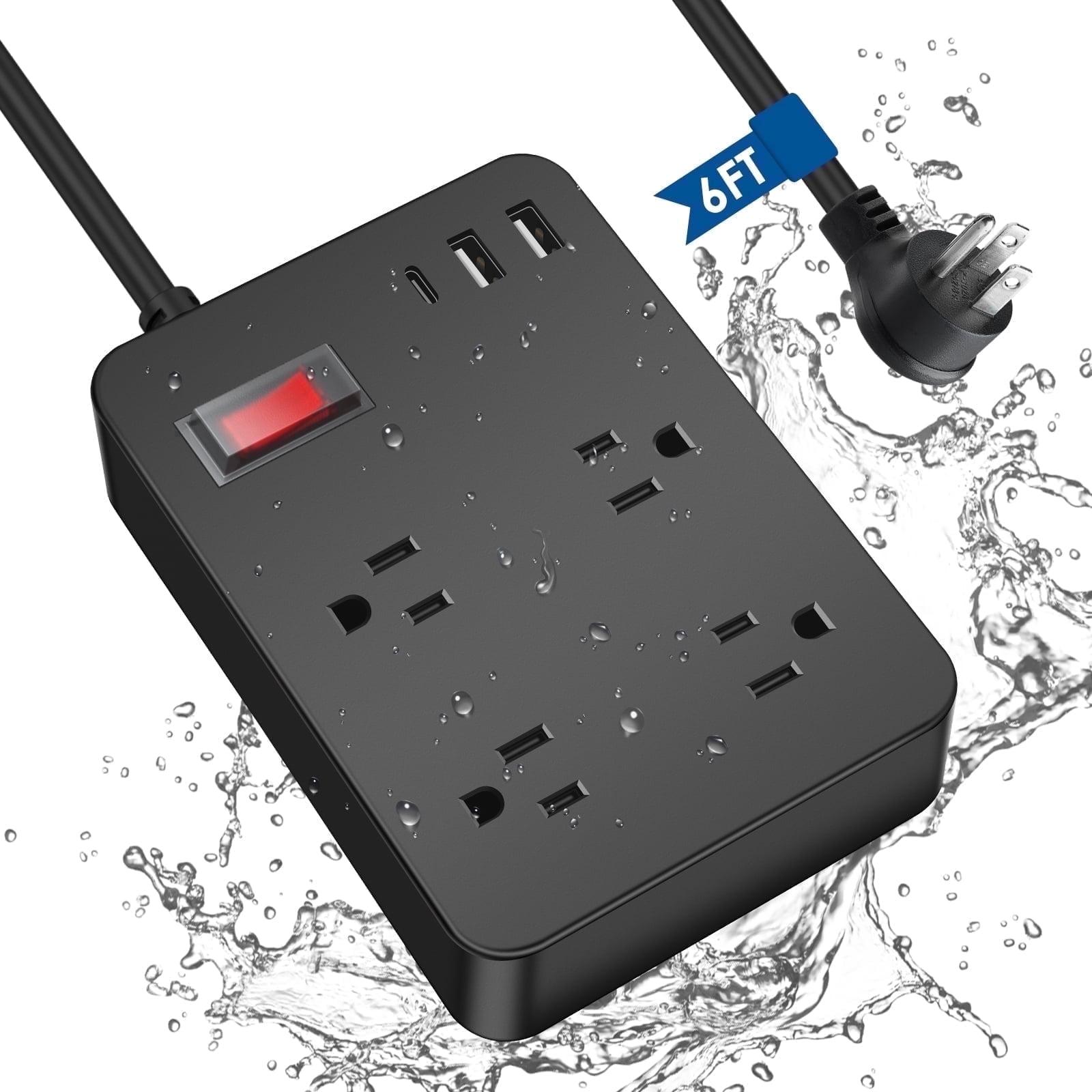 VILONG Outdoor Power Strip Surge Protector Waterproof,20W USB-C Fast Charging Station,4 Outlet,Flat Plug,6FT Extension Cord for Outside,ETL Listed