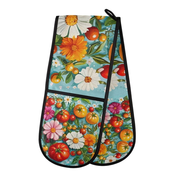 Yayeee Double Oven Mitt Kitchen Heat Resistant Baking 35" x7" Quilted Glove, Pink Floral Tomatoes