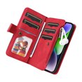 thumbnail image 4 of Multifunctional Case for iPhone 14 Plus,Card Slots[RFID Blocking],Durable Flip Folio Kickstand Magnetic Closure Leather Zipper Wallet Wrist Strap Shockproof Case For iPhone 14 Plus, Red, 4 of 12
