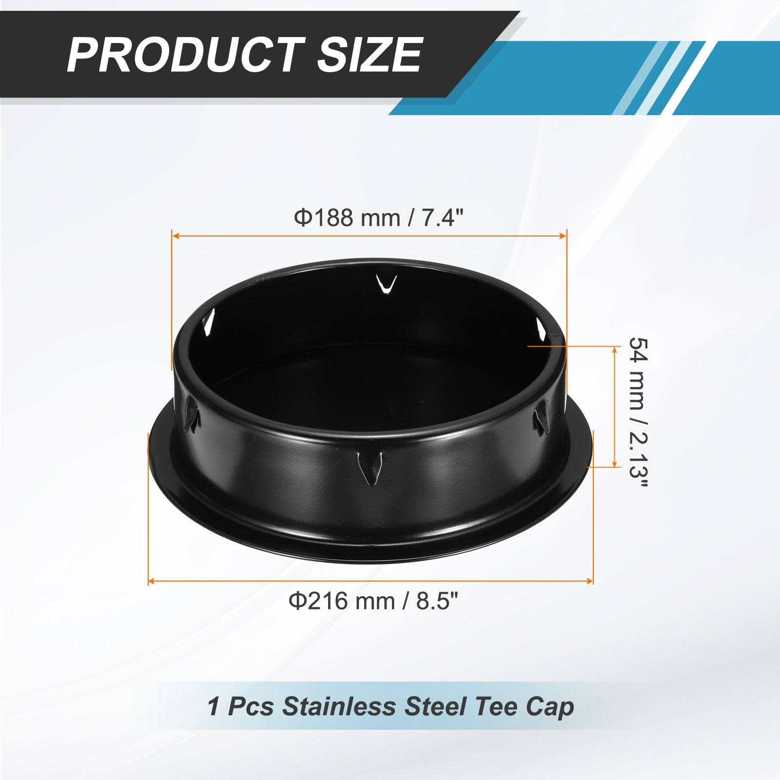 Uxcell Stainless Steel Tee Cap (7.4"/188mm OD, Black) - Round Dryer Vent Cover Dryer Duct Metal End Cap Plug for Indoor and Outdoor Pipe