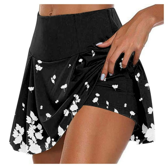 Women's Athletic Stretchy Pleated Tennis Skirt with Inner Shorts, for Running Yoga Golf and Sports, Printed Casual Sport Skirt with Elastic Waist, Lightweight and Quick-Dry Fabric,Black,Size L