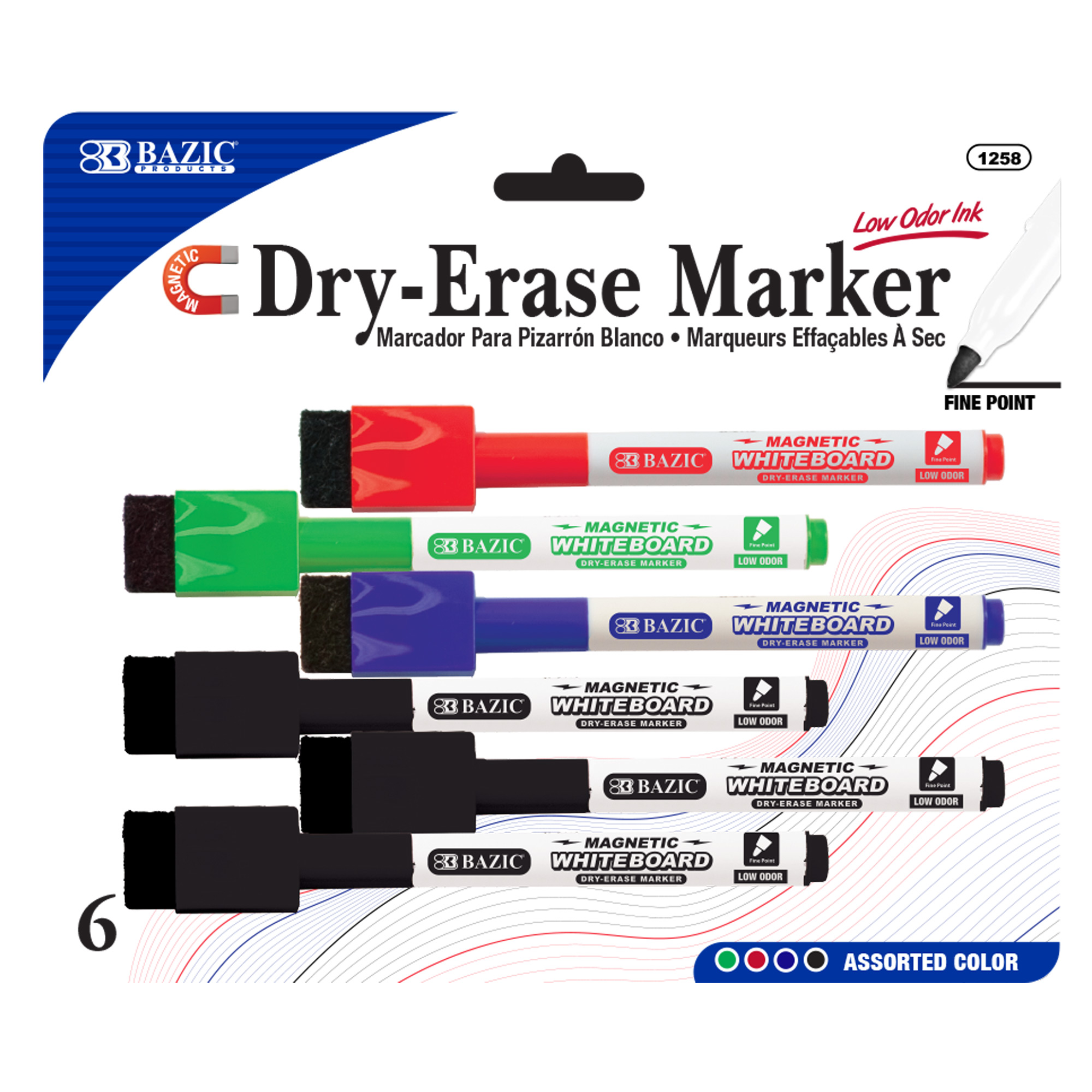 BAZIC Dry Erase Marker, Fine Tip Assorted Colors, Whiteboard