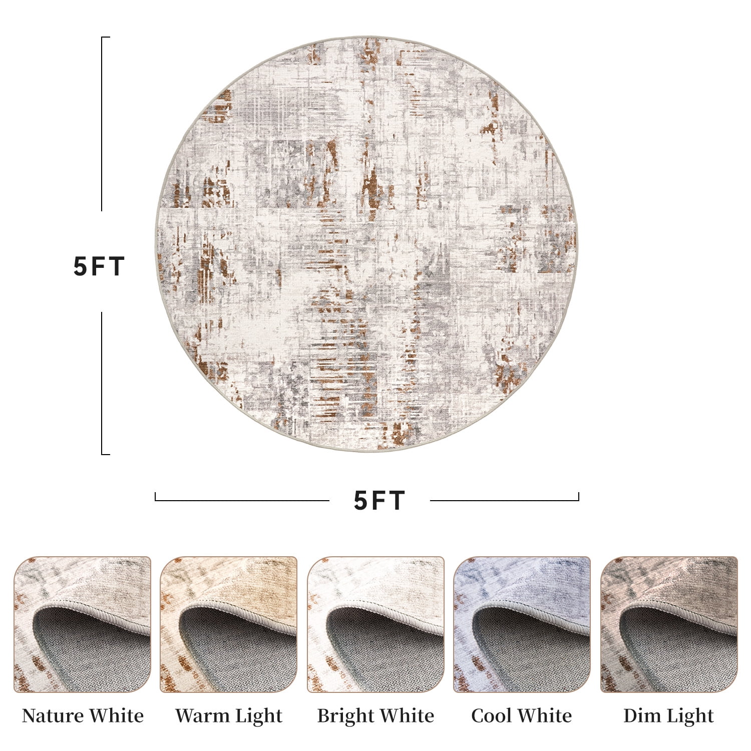 SIXHOME Modern Abstract Round Rugs for Living Room Washable Rugs 5Ft Circle Soft Neutral Carpet Rug for Bedroom Dining Room Office Aesthetic Home Decor Brown