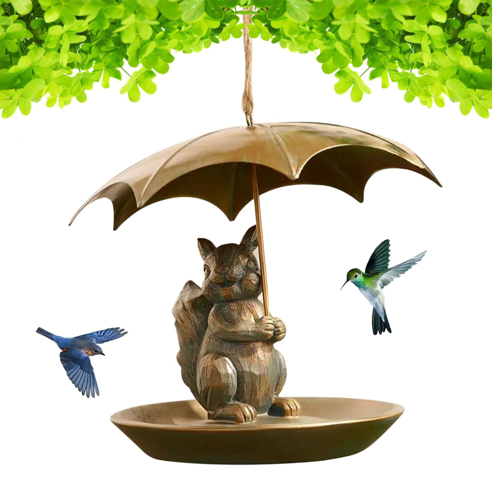 Animal And Girl And Umbrella Bird Feeder, Hummingbird Feeder Umbrella, Bird Feeders for Outdoors, Hanging Bird Feeder Set with Metal Chain Umbrella (Squirrel, Resin)